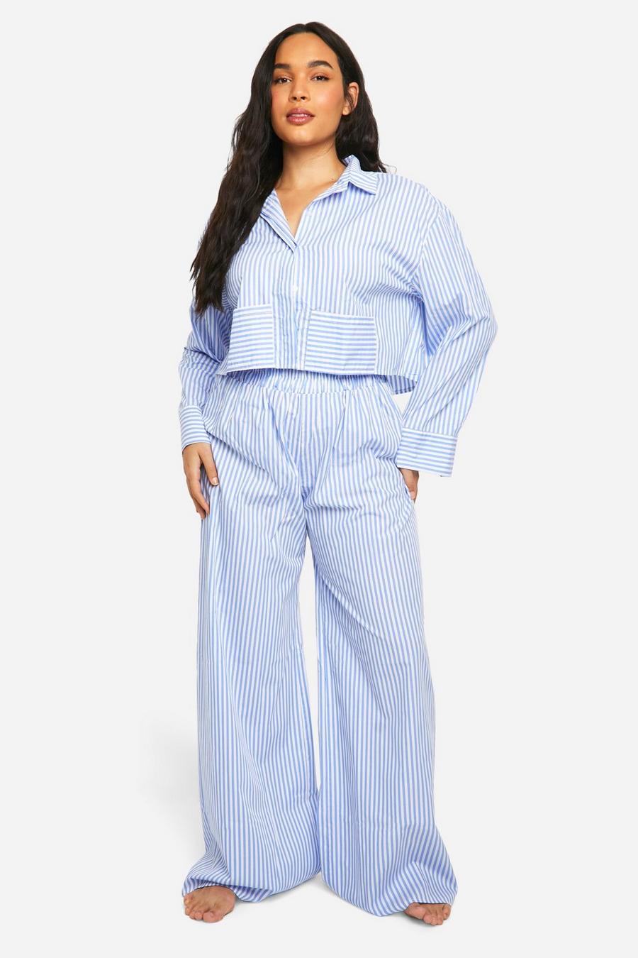 Blue Plus Contrast Stripe Poplin Shirt & Pants Set image number 1