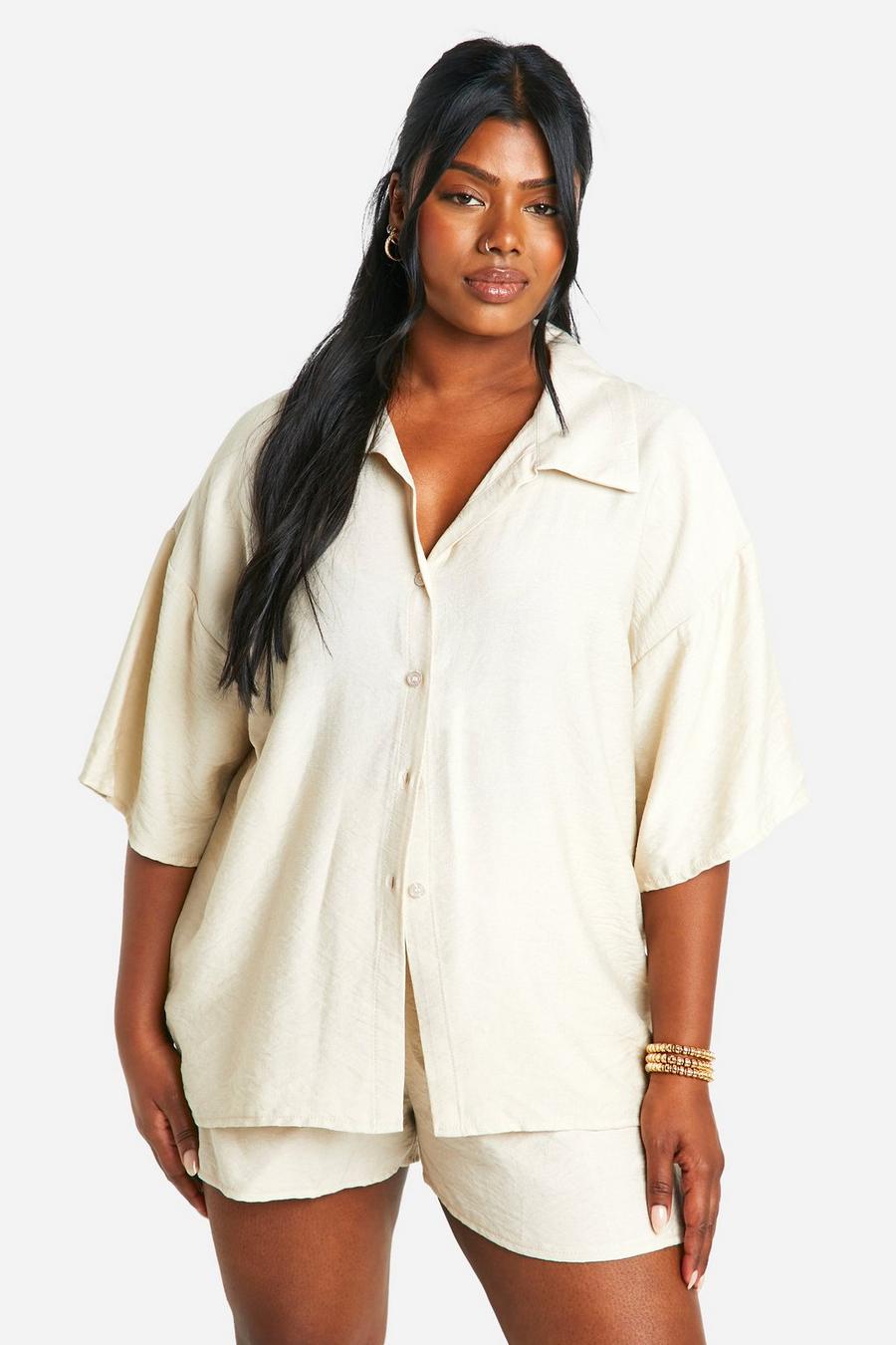 Stone Plus Linen Look Shirt And Short Set  image number 1