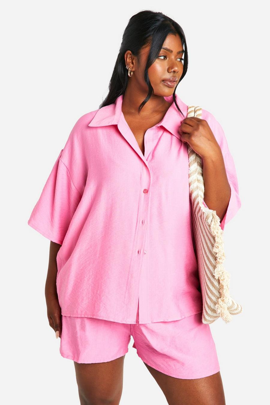 Baby pink Plus Linen Look Shirt And Short Set  image number 1