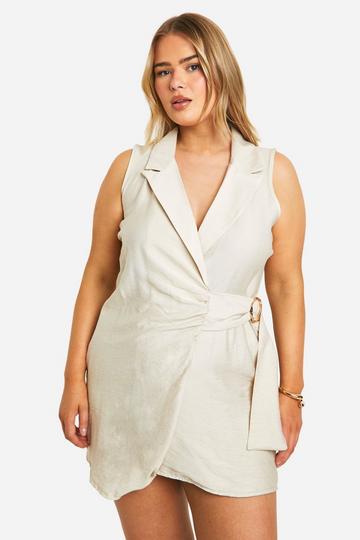 Plus Tie Side Linen Look Blazer Dress stone