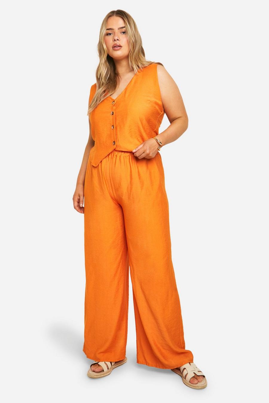 Orange Plus Linen Look Relaxed Waistcoat And Pants Co-Ord image number 1