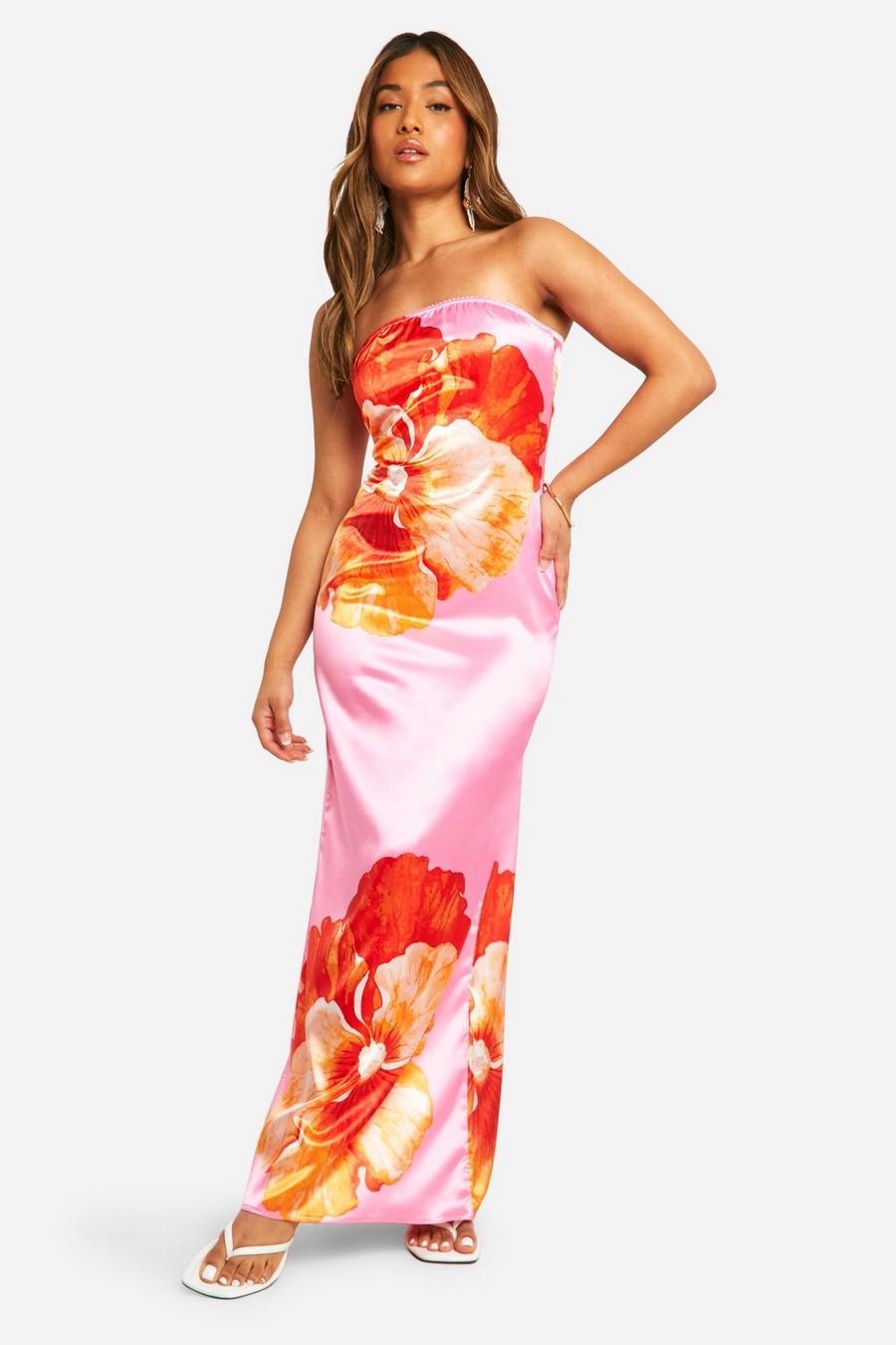 Pink Petite Satin Floral Maxi Dress  image number 1