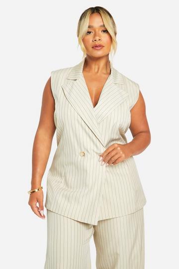 Plus Pinstripe Double Breasted Sleeveless Blazer ecru