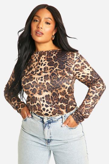 Plus Leopard Crew Neck Slinky Top brown