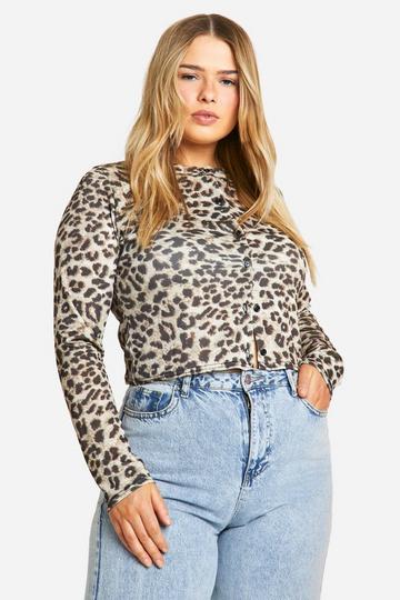 Plus Leopard Button Front Rib Cardigan brown