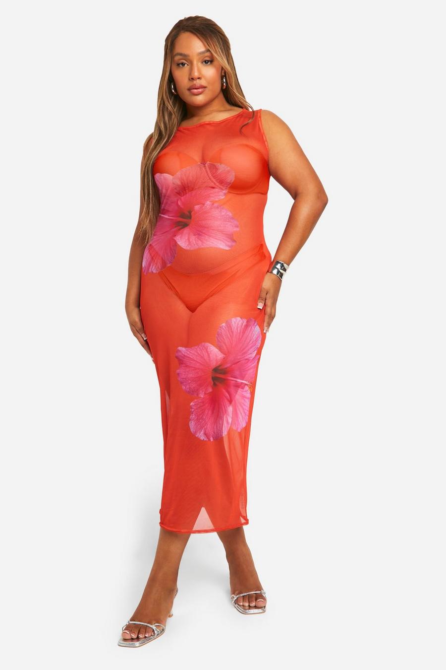 Orange Plus Large Floral Sleevless Mesh Beach Dress