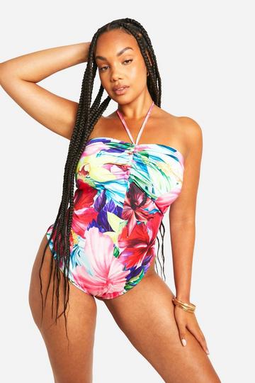 Plus Ruched Front Bandeau Swimsuit multi