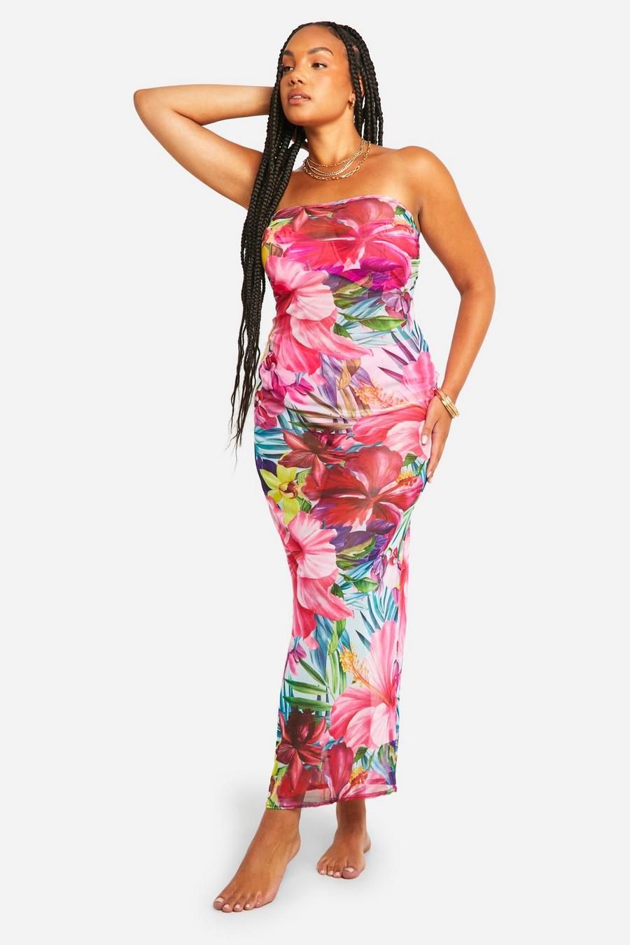 Multi Plus Tropical Floral Print Bandeau Mesh Beach Dress