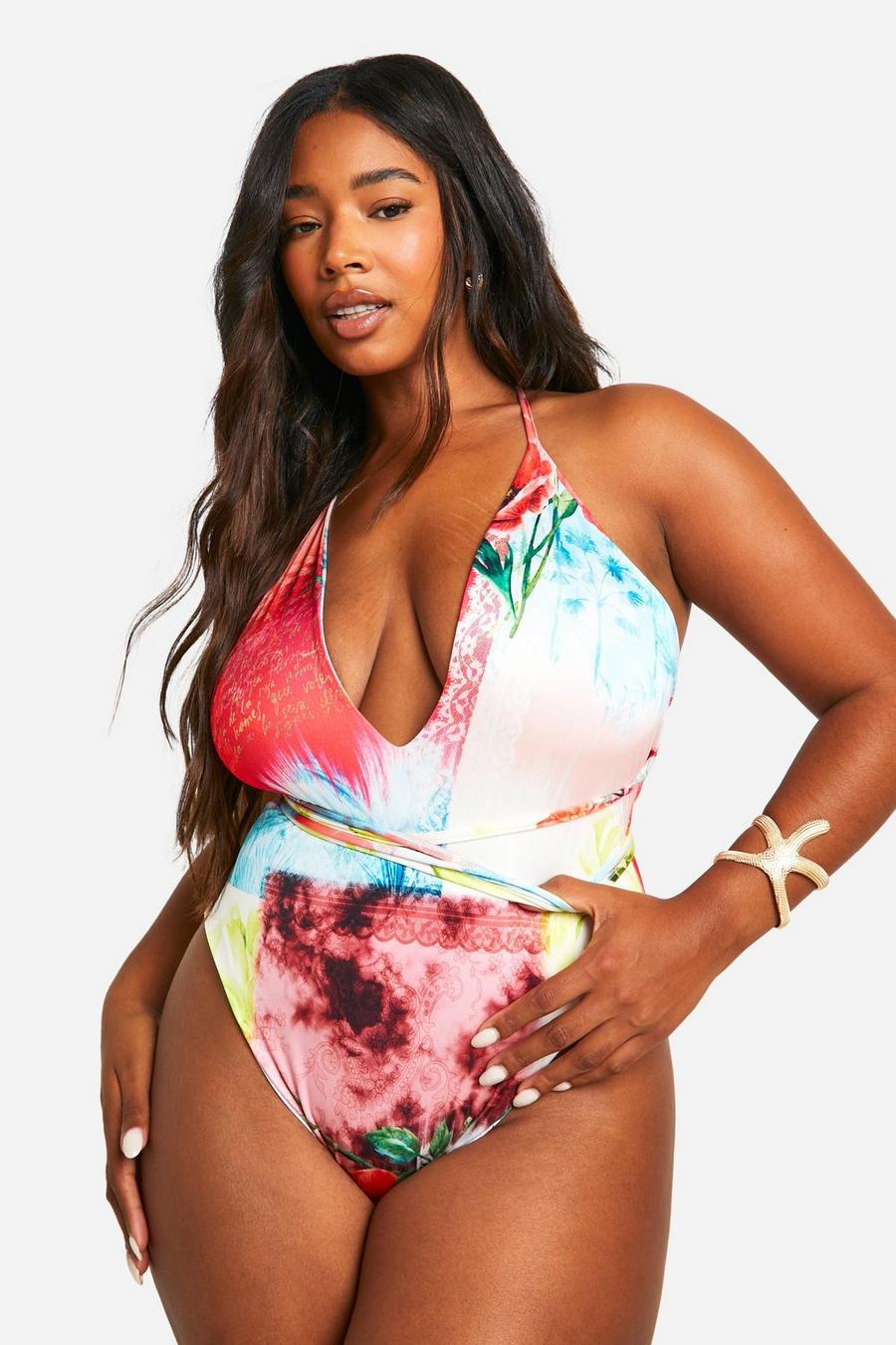 Multi Plus Mixed Floral Pllunge Wrap Swimsuit  image number 1