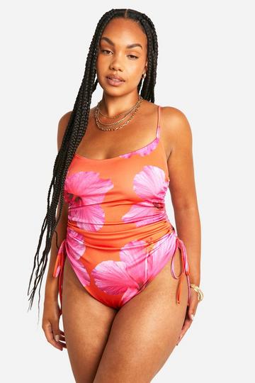 Plus Large Floral Ruched Side Swimsuit orange