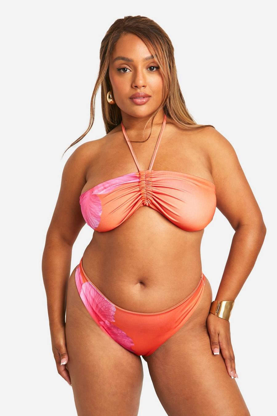 Orange Plus Large Floral Bandeau Bikini Top