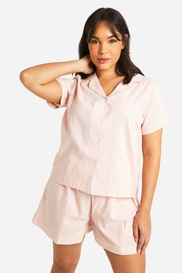 Plus Cotton Stripe Button Down Shirt And Short Pajama Set pale orange