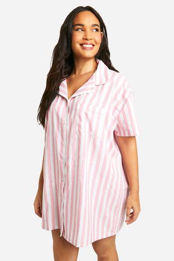 Plus Short Sleeve Cotton Stripe Nightshirt pink