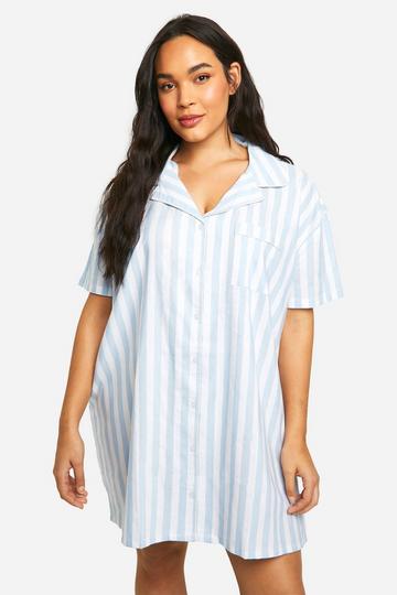 Plus Short Sleeve Cotton Stripe Nightshirt light blue