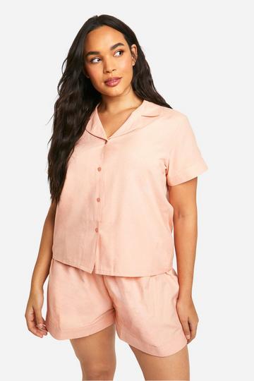 Plus Poplin Overhemd Met Korte Mouwen En Pyjama Shorts Set pale orange