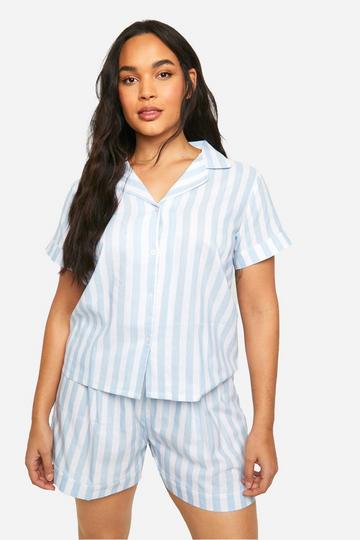 Plus Katoenen Gestreepte Pyjama Set Met Overhemd En Shorts light blue