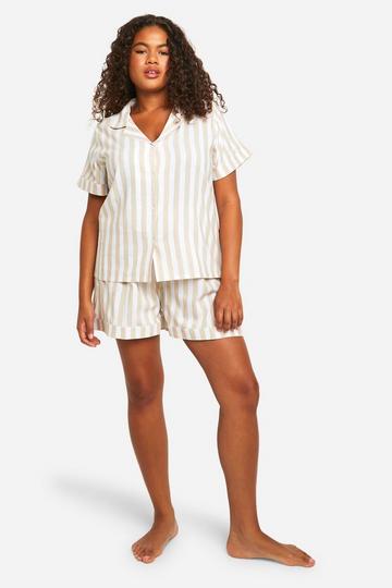 Plus Katoenen Gestreepte Pyjama Set Met Overhemd En Shorts light stone