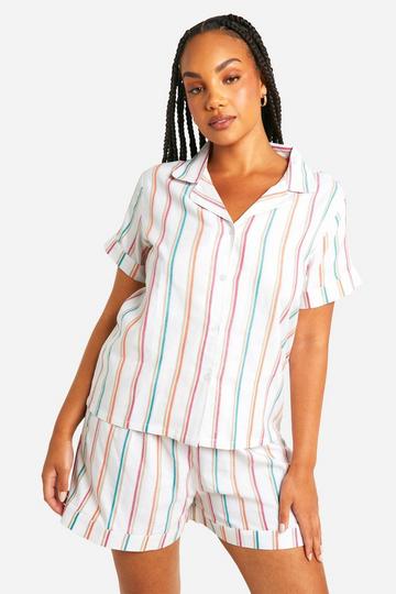 White Plus Cotton Poplin Multi Stripe Shirt And Short Pyjama Set