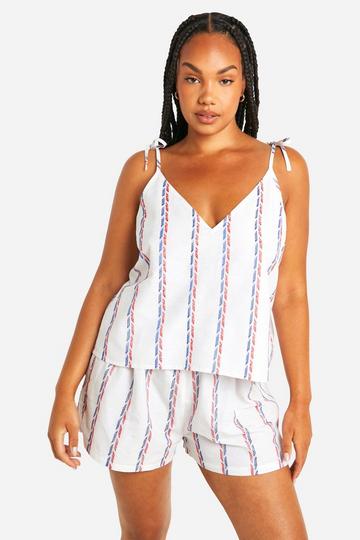 White Plus Cotton Poplin Multi Stripe Cami And Short Pyjama Set