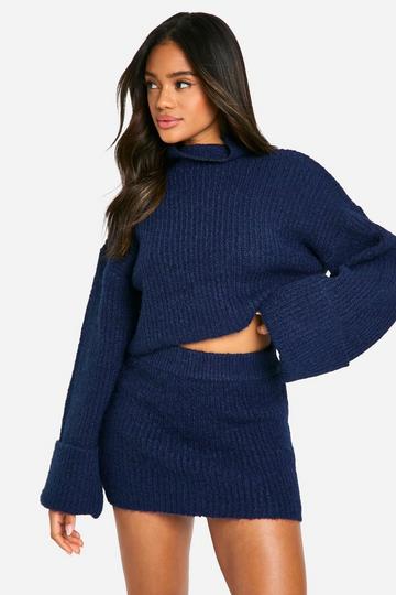 High Neck Oversized Crop Knitted Sweater And Micro Mini Skirt Set navy