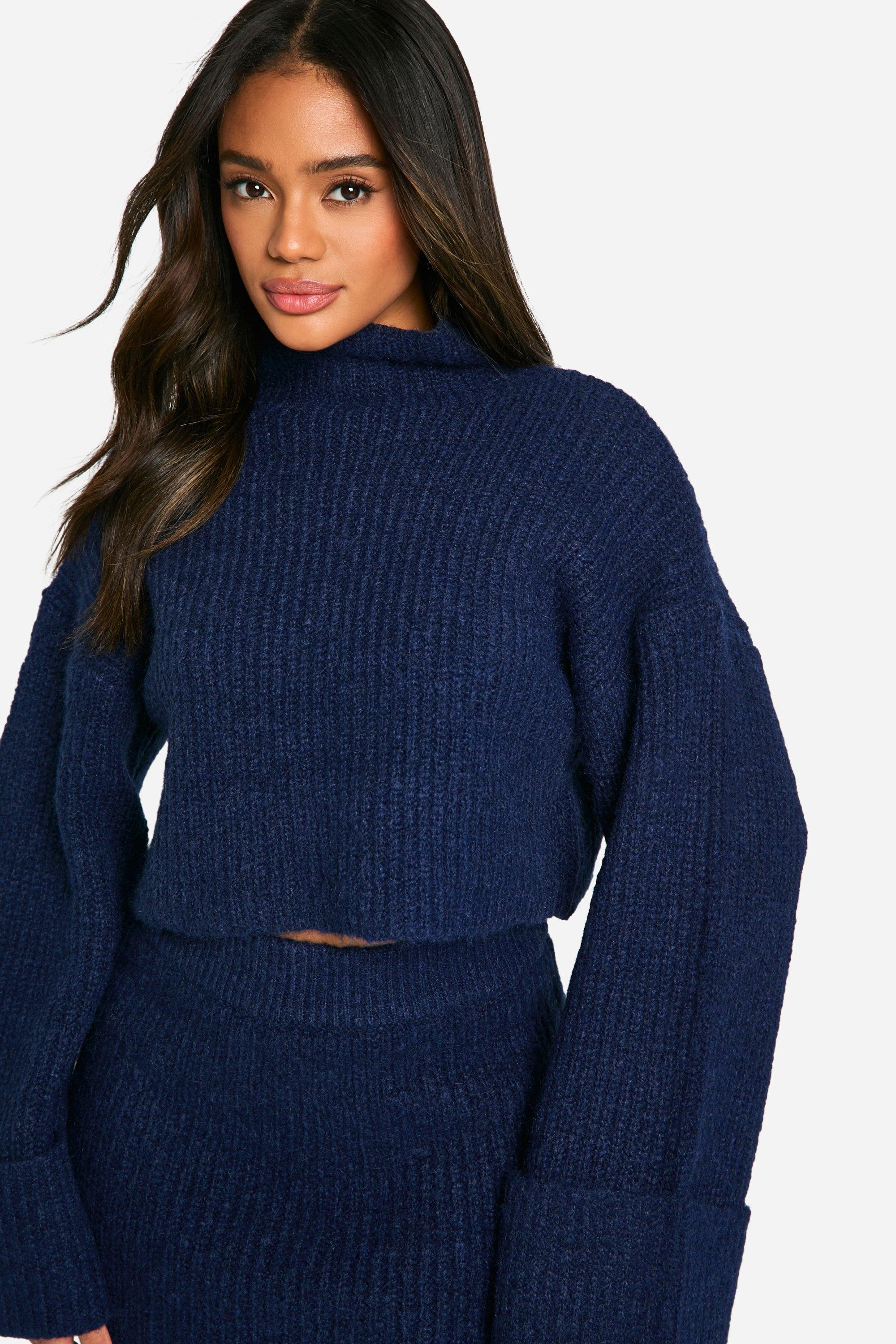 High Neck Oversized Crop Knitted Sweater And Micro Mini Skirt Set