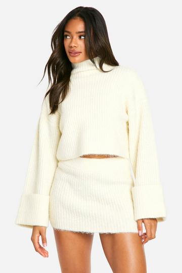 High Neck Oversized Crop Knitted Jumper And Micro Mini Skirt Set cream