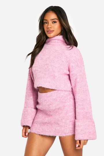 Pink High Neck Oversized Crop Knitted Jumper And Micro Mini Skirt Set