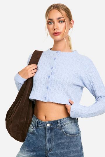 Soft Cable Knit Crop Cardigan blue