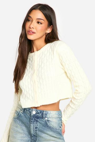 Cream White Soft Cable Knit Crop Cardigan