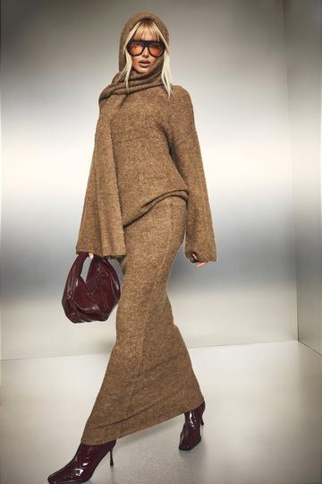 Borg Knit Oversized Jumper, Maxi Skirt And Scarf Three Piece Set camel