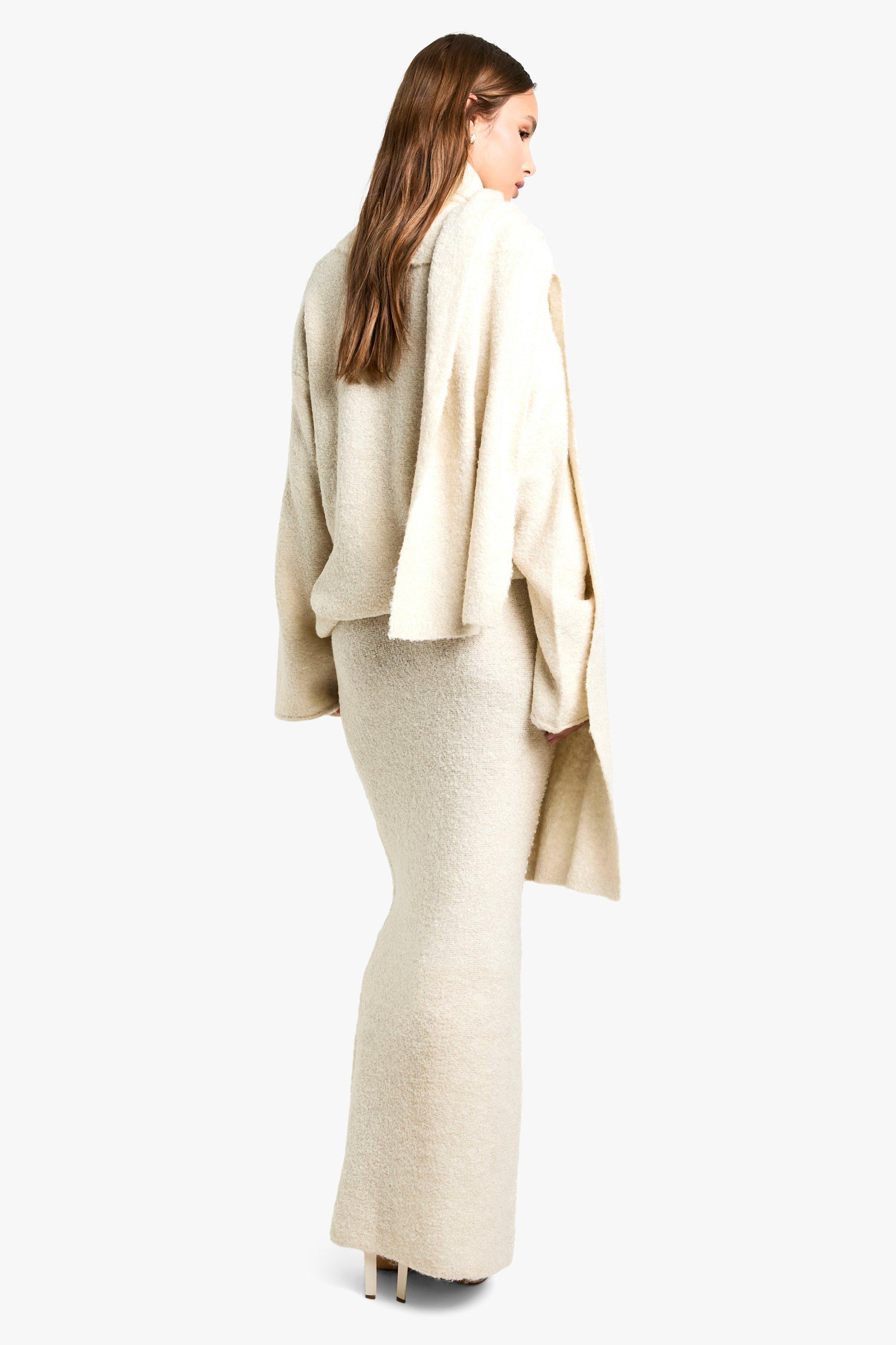 Borg Knit Oversized Jumper, Maxi Skirt And Scarf Three Piece