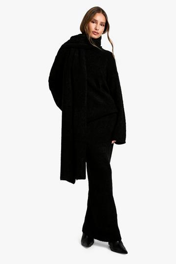 Borg Knit Oversized Jumper, Maxi Skirt And Scarf Three Piece Set black