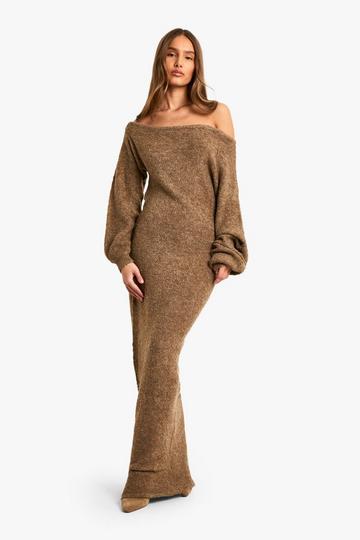 Off The Shoulder Borg Knitted Maxi Dress camel