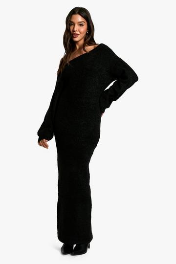 Off The Shoulder Borg Knitted Maxi Dress black