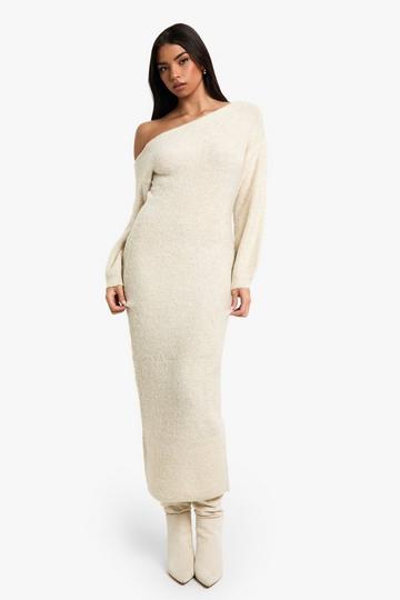 Off The Shoulder Borg Knitted Maxi Dress cream