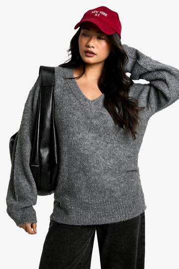 Grey Plunge V Neck Borg Mini Jumper