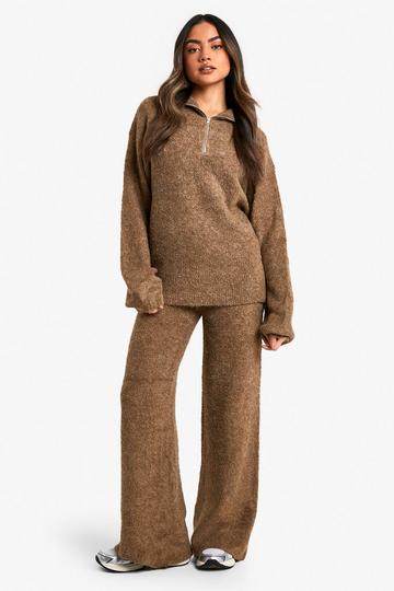 Camel Beige Oversized Gebreide Trui Met Korte Rits En Wide Leg Broek Set