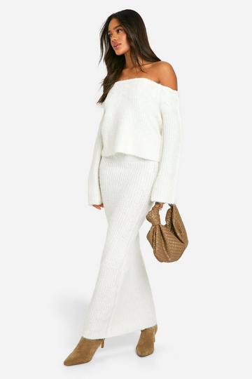 Knitted Oversized Bardot Jumper And Maxi Skirt Set off white