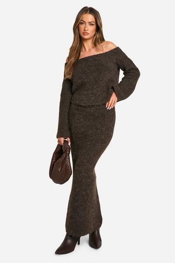 Knitted Oversized Bardot Jumper And Maxi Skirt Set chocolate