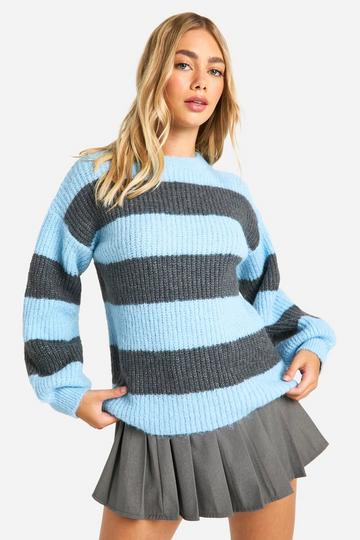 Blue Knitted Oversized Crew Neck Stripe Jumper