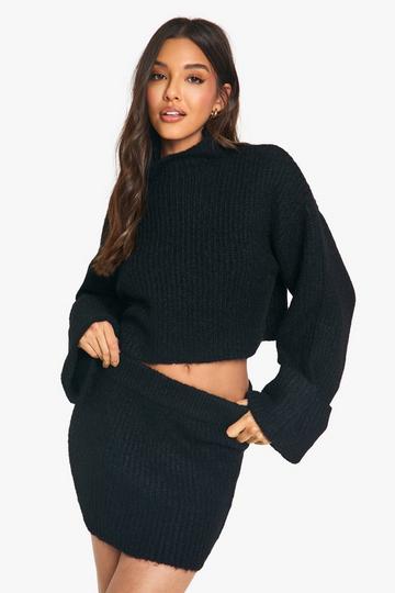 High Neck Oversized Crop Knitted Jumper And Micro Mini Skirt Set black