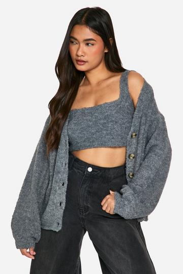 Slouchy Cardigan And Bralet Borg Knit Co-ord grey