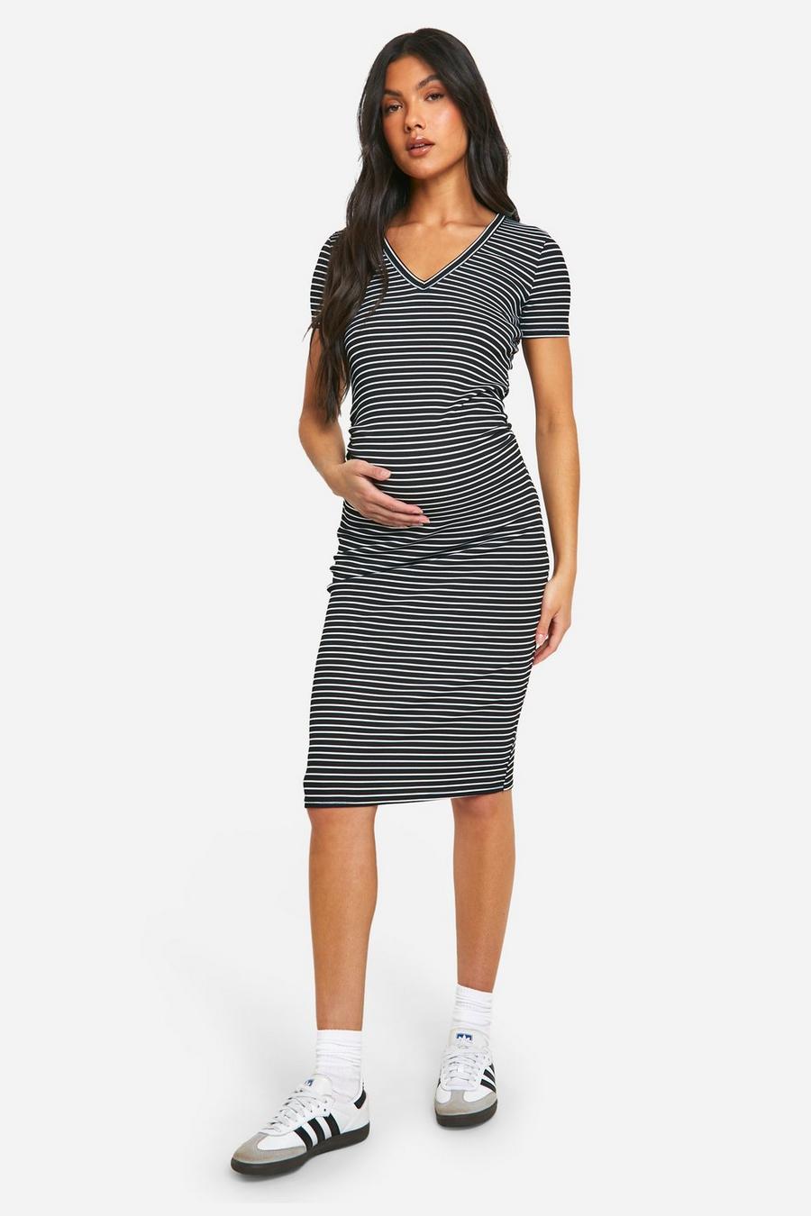 Black Maternity V Neck Striped Rib Midi Bodycon Dress image number 1