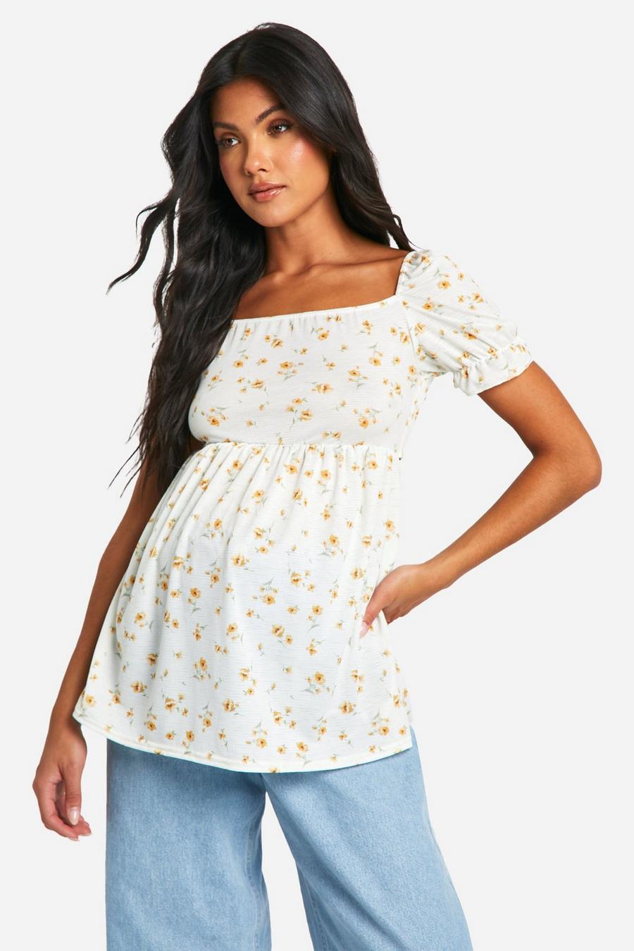 White Maternity Floral Print Jersey Frill Hem Milkmaid Smock Top image number 1