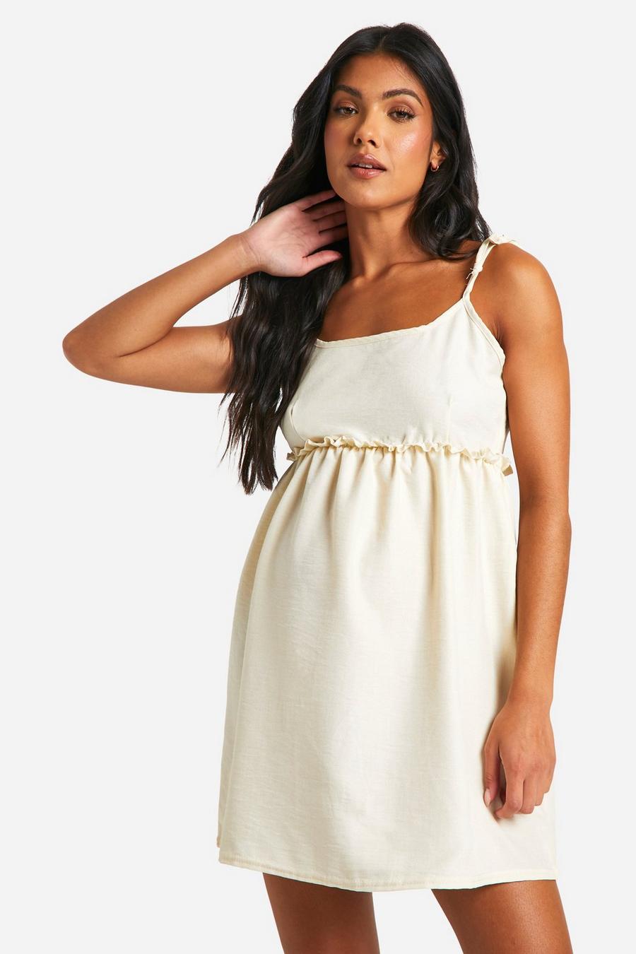 White Maternity Linen Look Strappy Mini Smock Dress