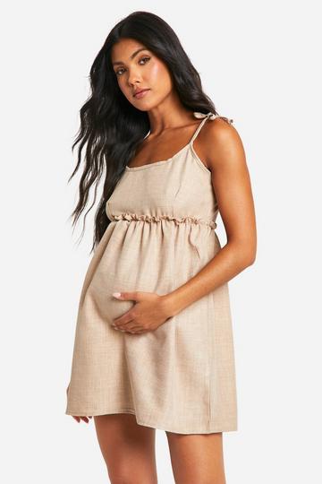 Maternity Linen Look Strappy Mini Smock Dress stone