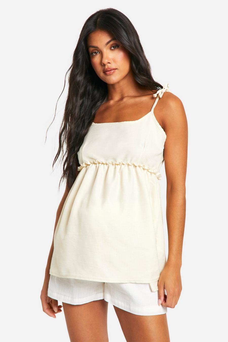 White Maternity Linen Look Strappy Cami Smock Top image number 1