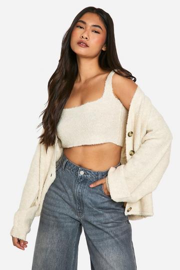 Cream White Slouchy Cardigan And Bralet Borg Knit Co-ord