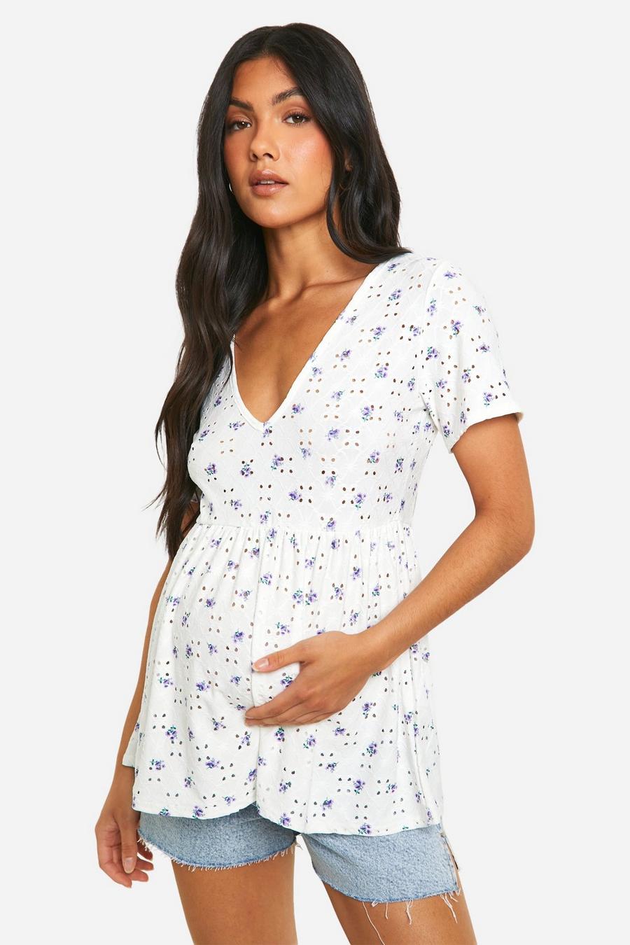 Blue Maternity Floral Jersey Broderie Short Sleeve Smock Top