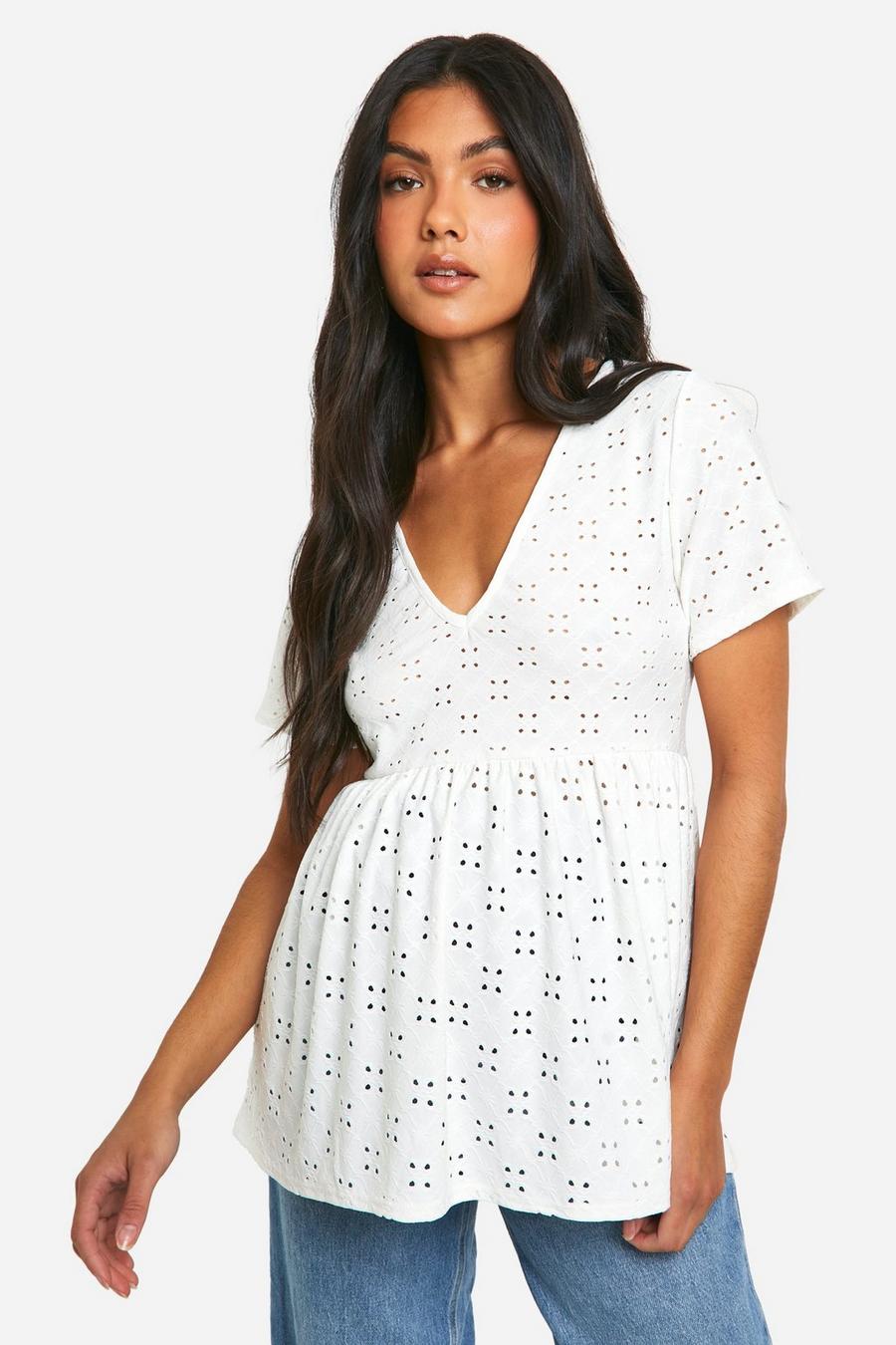 White Maternity Jersey Broderie Short Sleeve Smock Top image number 1